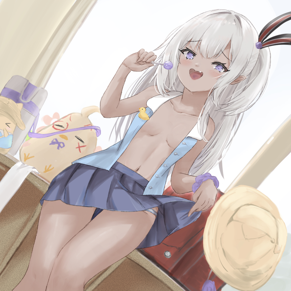 1girl :d azur_lane bare_shoulders blonde_hair blue_skirt blue_vest blush breasts candy clothes_lift commentary_request dark-skinned_female dark_skin fang food from_below hair_between_eyes hair_ribbon hand_up hip_focus holding holding_candy holding_food holding_lollipop indoors lollipop long_hair looking_at_viewer looking_down midriff miniskirt mumei_shumi navel no_bra nude open_clothes open_mouth open_vest panties panty_peek pleated_skirt presenting purple_eyes ribbon skirt skirt_lift small_breasts smile smug solo striped_ribbon teasing thigh_gap thighs u-31_(azur_lane) u-31_(let&#039;s_go_home)_(azur_lane) unbuttoned underwear very_long_hair vest