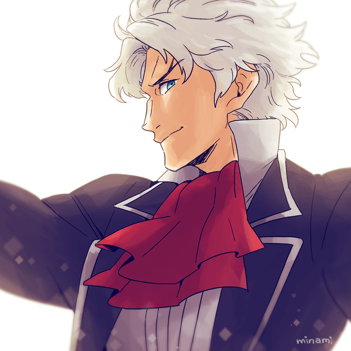 1boy ascot black_jacket classicaloid closed_mouth dramatica jacket long_sleeves looking_at_viewer ludwig_van_beethoven_(classicaloid) male_focus red_ascot short_hair signature simple_background smile solo upper_body v-shaped_eyebrows white_background white_hair