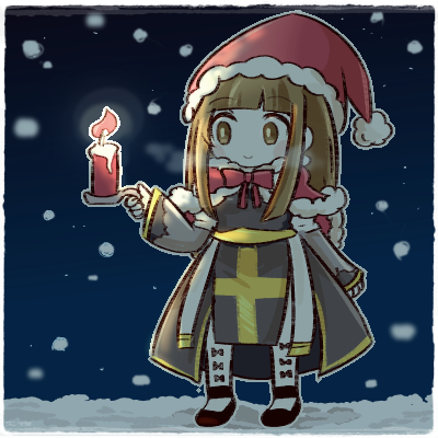 1girl arch_bishop_(ragnarok_online) black_shoes blunt_bangs bow bowtie brown_dress brown_eyes candle closed_mouth cross dress full_body hat holding holding_candle long_hair lowres pochiko_(poteko) ragnarok_online red_bow red_bowtie red_hat santa_hat sash shoes smile snow snowing solo standing thighhighs white_thighhighs yellow_sash