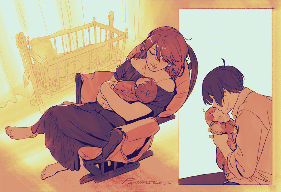 1boy 1girl 1other baby bare_arms bare_shoulders barefoot brown_hair carrying carrying_baby carrying_person chair closed_eyes closed_mouth collared_shirt commentary couple cradle crossed_legs dress earrings english_commentary facing_another father_and_child feet full_body if_they_mated indoors jewelry kiss kissing_forehead lips mother_and_child off-shoulder_dress off_shoulder on_chair paaaatchieee parent_and_child persona persona_3 profile sepia shirt short_hair signature sitting smile stud_earrings takeba_yukari toes upper_body yuuki_makoto_(persona_3)
