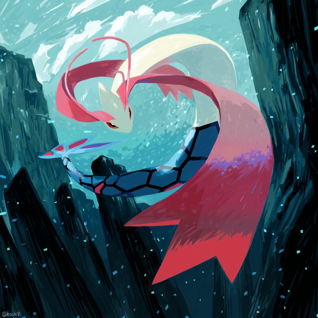 animal_focus black_eyes bright_pupils cloud colored_sclera commentary day full_body gen_3_pokemon kochi8i milotic nintendo no_humans outdoors pokemon pokemon_(creature) pokemon_focus red_sclera sky solo twitter_username white_pupils