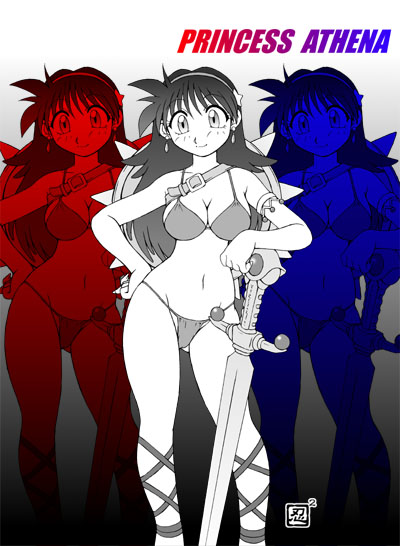 1girl amazon amazon_warrior asamiya_athena athena_(series) bikini breasts cleavage female_focus hand_on_own_hip headband jewelry kenix large_breasts legs long_hair looking_at_viewer monochrome navel ninnin princess_athena red_bikini smile snk snk_heroines:_tag_team_frenzy standing swimsuit the_king_of_fighters thighs wide_hips