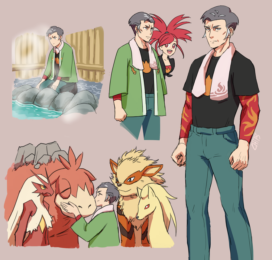 1boy 1girl alternate_costume arcanine blaziken camerupt chips_n_cookies flannery_(pokemon) gen_1_pokemon gen_3_pokemon grey_hair kabu_(pokemon) male_focus multiple_views ninetales nintendo onsen pokemon pokemon_(creature) pokemon_oras pokemon_swsh red_eyes red_hair signature towel towel_around_neck