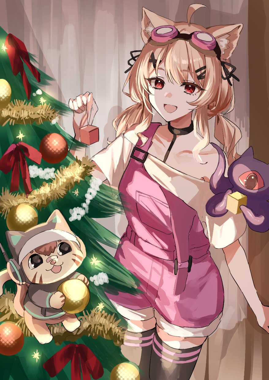 1girl ahoge alheitrakzoth animal_ear_fluff animal_ears black_thighhighs blonde_hair breasts cat_ears cat_girl christmas_ornaments christmas_tree commission facial_mark goggles goggles_on_head highres hitomin_(ksws7544) indie_virtual_youtuber long_hair medium_breasts official_alternate_costume open_mouth overalls pink_overalls pokatto_(squchan) red_eyes second-party_source shyrei_faolan skeb_commission thighhighs twintails virtual_youtuber whisker_markings