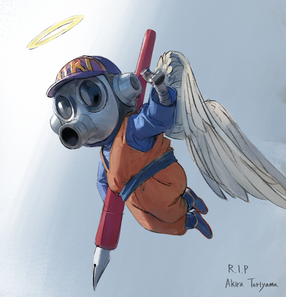 1boy angel_wings baseball_cap character_name dougi dragon_ball dragonball_z feathered_wings full_body halo hat holding looking_at_viewer male_focus mask mechanical_arms mixed-language_commentary real_life rest_in_peace_(phrase) sangsoo_jeong simple_background solo tori-bot toriyama_akira_(character) toriyama_akira_(style) white_wings wings