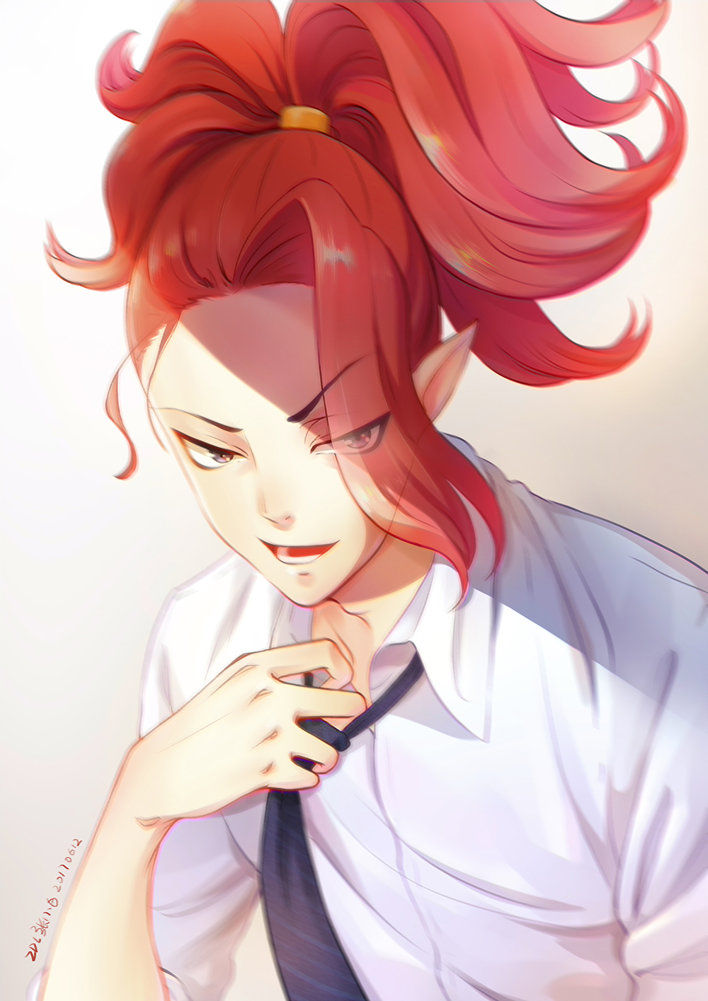 1boy artist_name contemporary dated eyes_visible_through_hair grey_eyes highres long_hair male_focus necktie onmyoji open_mouth pointy_ears red_hair shirt shuten_douji_(onmyoji) solo upper_body white_shirt zdl_xiaobai