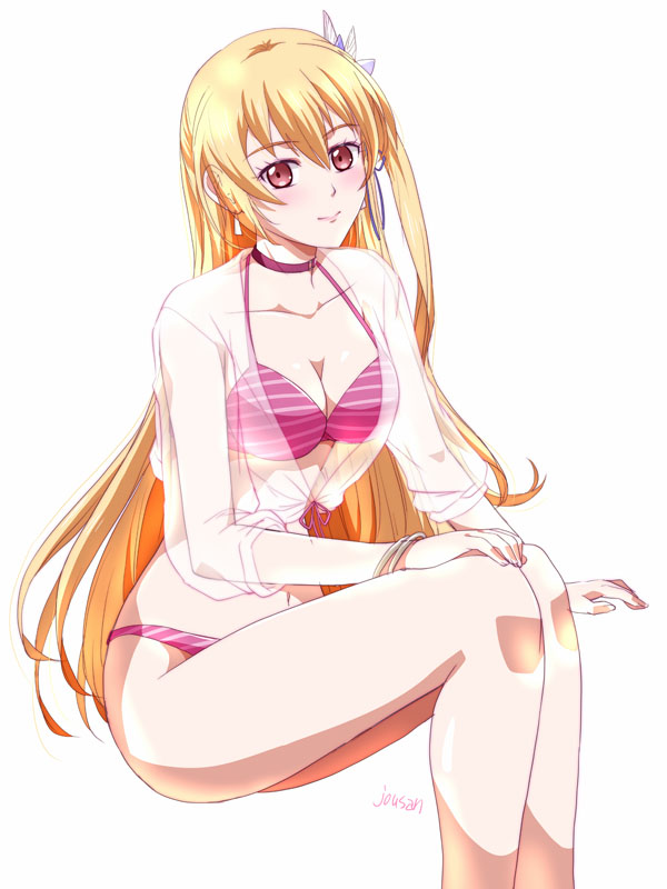 1girl alisa_reinford artist_name bikini blonde_hair bracelet breasts choker cleavage commentary double-parted_bangs earrings eiyuu_densetsu hair_between_eyes hajimari_no_kiseki jewelry long_hair looking_at_viewer medium_breasts pink_bikini red_eyes see-through_clothes see-through_shirt sen_no_kiseki_(series) shirt side_ponytail simple_background sitting smile solo striped_bikini striped_clothes swimsuit white_background xiacheng_tatsuya