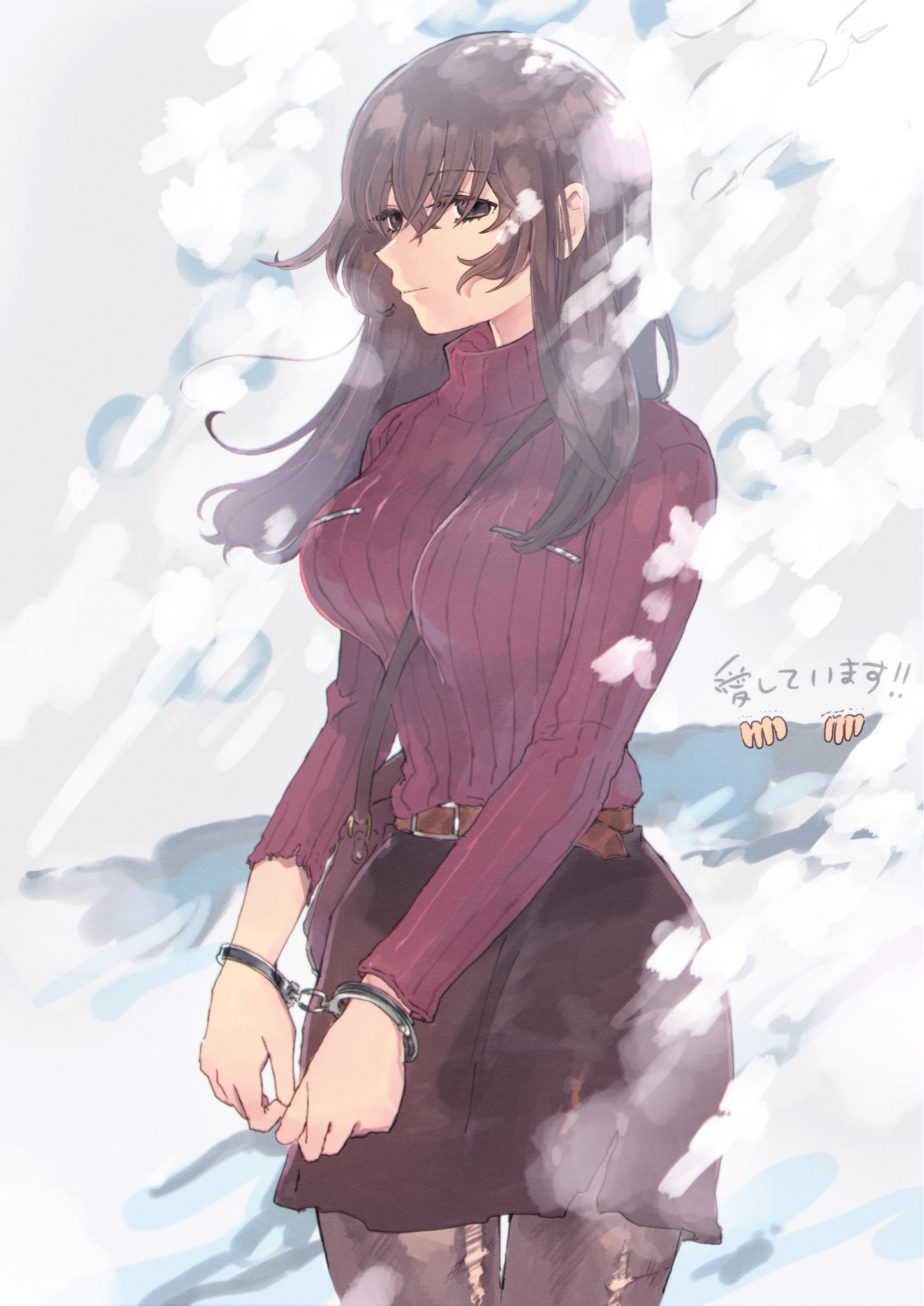 1girl bag belt between_breasts breasts brown_belt brown_eyes brown_hair brown_skirt closed_mouth cowboy_shot cuffed cuffs handbag handcuffs highres leggings long_hair miniskirt oyomidtarumi ribbed_sweater saeki_yuko skirt snowing strap_between_breasts sweater torn_clothes torn_leggings torn_skirt torn_sweater turtleneck turtleneck_sweater zettai_zetsumei_toshi zettai_zetsumei_toshi_2_itetsuita_kiokutachi