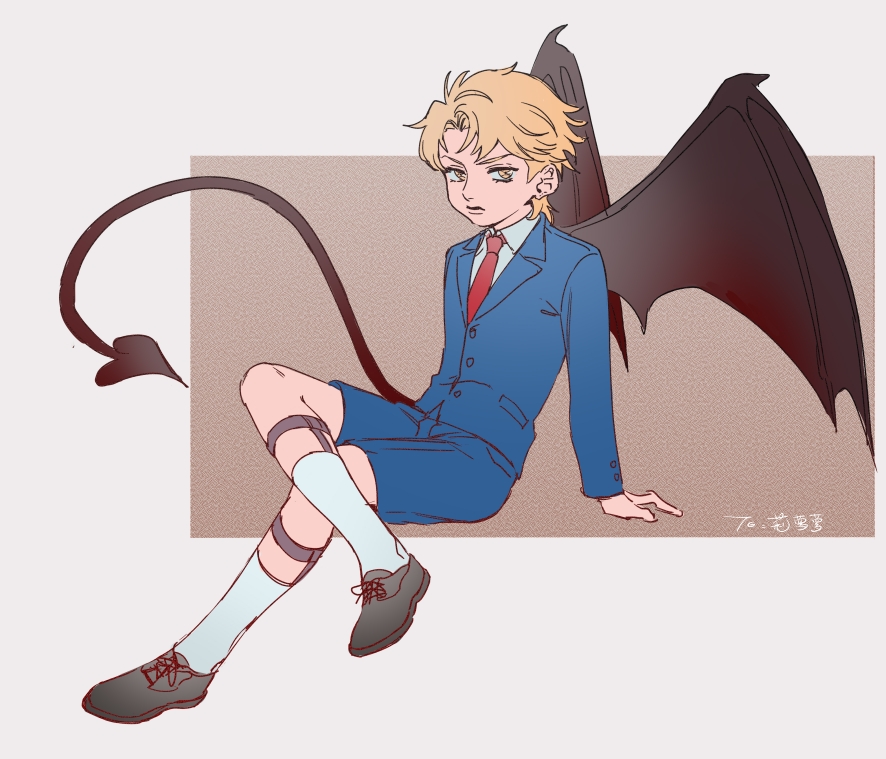 1boy aged_down black_shoes blonde_hair blue_jacket blue_shorts child demon_tail demon_wings dio_brando dress_shirt full_body invisible_chair jacket jojo_no_kimyou_na_bouken lighthouse_(lt_yummy) male_focus necktie phantom_blood red_necktie shirt shoes short_hair shorts signature sitting socks solo suit_jacket tail white_shirt white_socks wings yellow_eyes