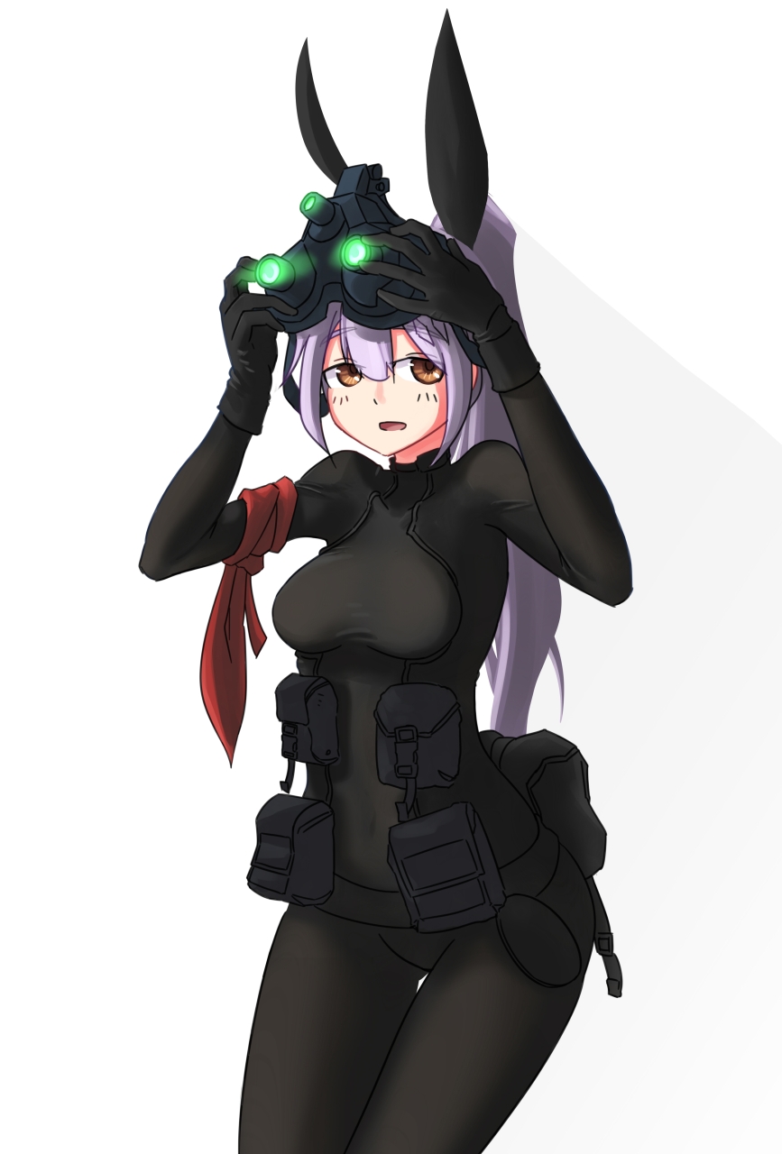 1girl arm_ribbon black_gloves bodysuit breasts cowboy_shot female_focus five-seven_(girls&#039;_frontline) girls&#039;_frontline gloves hair_ribbon highres looking_at_viewer night-vision_device ponytail pouch ribbon sate solo splinter_cell tagme
