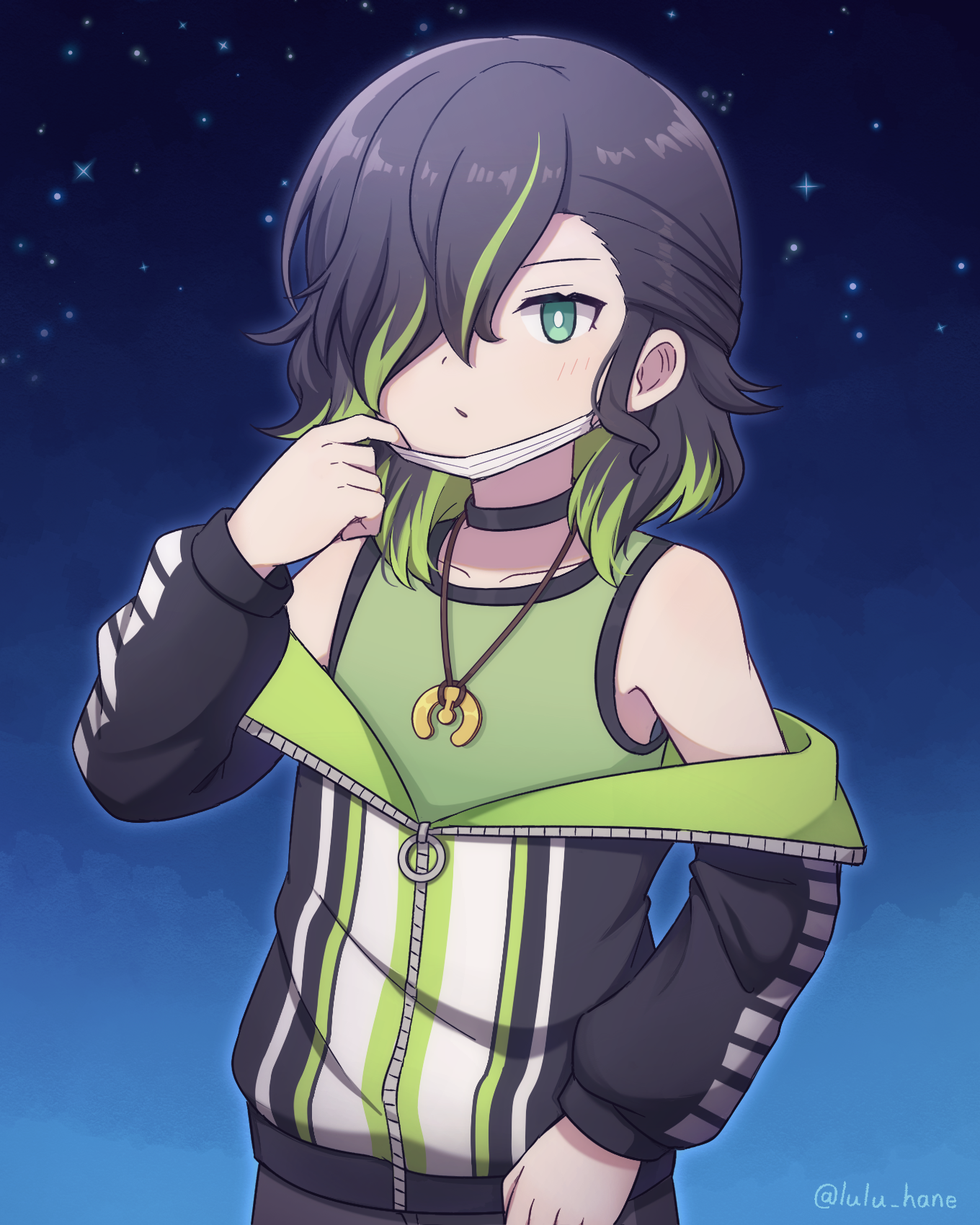 1boy adjusting_mask androgynous aqua_eyes artist_name asymmetrical_bangs black_background black_choker black_hair black_jacket blue_background bright_pupils choker cowboy_shot gradient_background green_hair green_jacket green_tank_top hair_over_one_eye half_updo hand_up highres jacket jewelry kirigakure_ranto looking_ahead lulu_hane male_focus mask mask_pull medium_hair mouth_mask multicolored_hair multicolored_jacket necklace off_shoulder parted_lips partially_unzipped solo standing star_(sky) streaked_hair tank_top two-tone_background white_jacket white_pupils youkai_watch zipper zipper_pull_tab