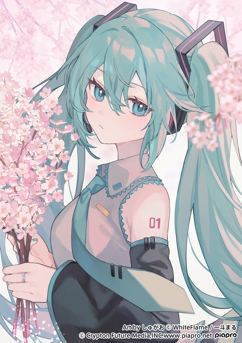 1girl aqua_eyes aqua_hair aqua_necktie aqua_trim branch cherry_blossoms closed_mouth collared_shirt commentary_request copyright_notice detached_sleeves grey_shirt hair_between_eyes hair_ornament hatsune_miku headset highres holding holding_branch jewelry long_hair necktie petite ring shirt shoulder_tattoo shugao sleeveless sleeveless_shirt solo tattoo tie_clip twintails upper_body vocaloid white_background