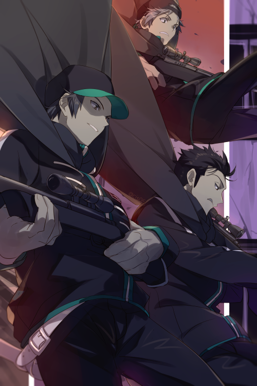 3boys :q arafune_tetsuji baseball_cap belt black_cape black_headwear black_jacket black_pants cape echo_(circa) falling from_side gun hanzaki_yoshito hat hokari_atsushi holding holding_gun holding_weapon jacket jumping long_sleeves looking_down male_focus multiple_boys pants rifle shaded_face short_hair sniper_rifle spiked_hair tongue tongue_out weapon world_trigger