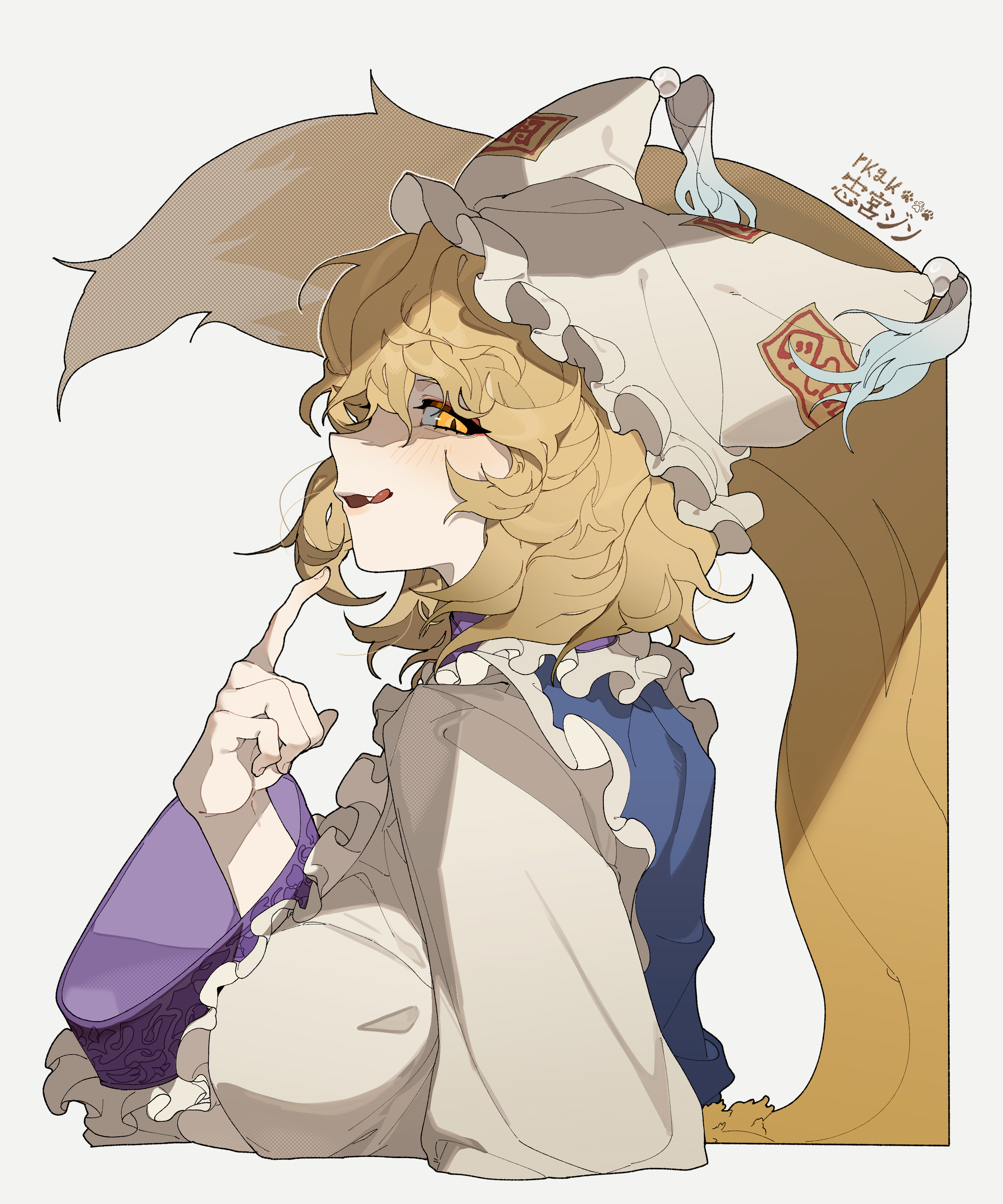 1girl absurdres blonde_hair blue_tabard blush breasts dress fang finger_to_own_chin fox_girl frills from_side grey_background hat highres large_breasts licking_lips long_sleeves looking_at_viewer medium_hair multiple_tails puffy_sleeves shimiya_jin slit_pupils smile solo tabard tail tongue tongue_out touhou upper_body white_dress yakumo_ran yellow_eyes