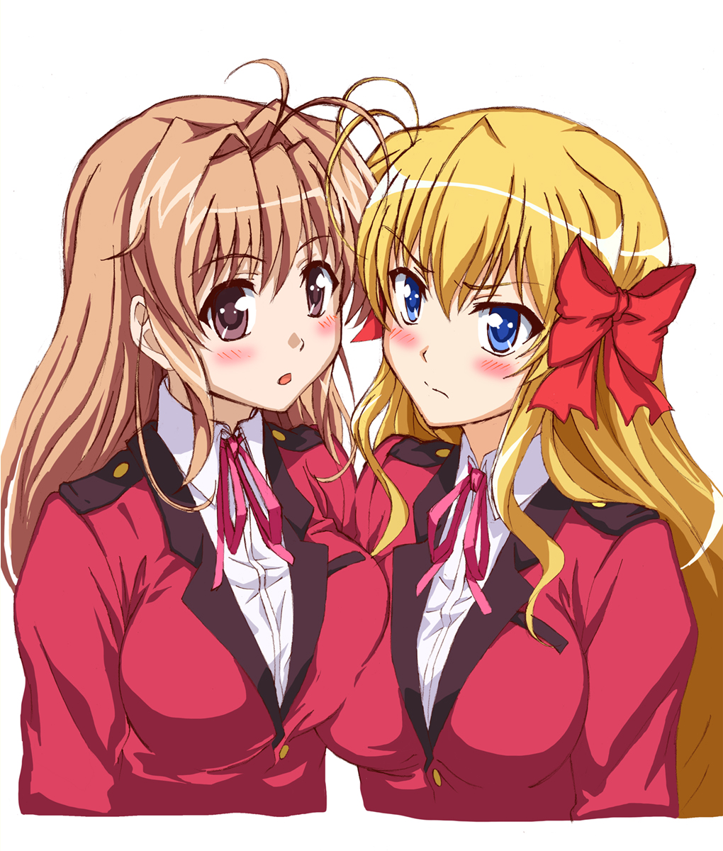 2girls asymmetrical_docking bad_id bad_pixiv_id blonde_hair blue_eyes blush breast_press breasts brown_eyes brown_hair fortune_arterial highres junu_(junudonkochan) long_hair multiple_girls school_uniform sendou_erika split_mouth yuuki_haruna