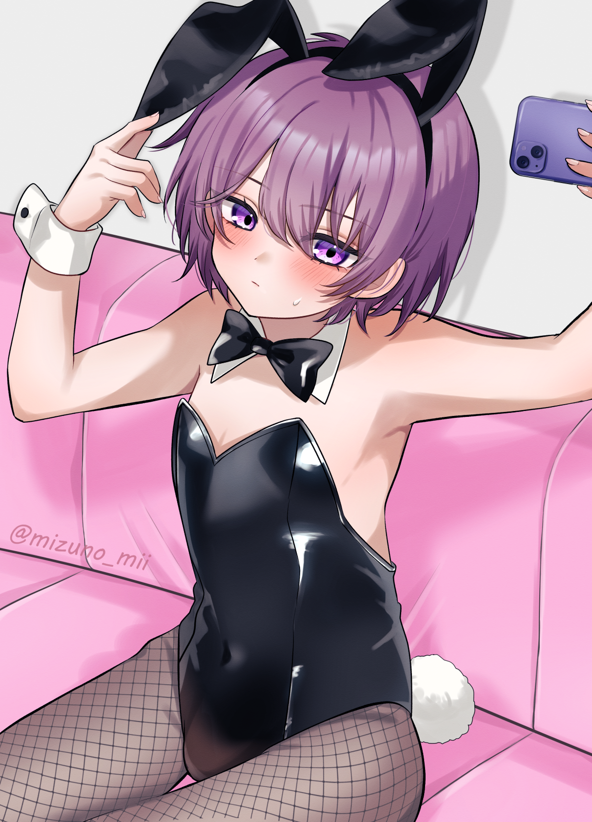 1boy animal_ear_hairband animal_ears black_bow black_bowtie black_leotard bow bowtie couch detached_collar fake_animal_ears fishnet_pantyhose fishnets grey_hair grey_pantyhose hairband highres leotard male_focus male_playboy_bunny original pantyhose playboy_bunny purple_eyes rabbit_ears rabbit_tail short_hair sitting solo strapless strapless_leotard tail taiya taking_picture trap wrist_cuffs