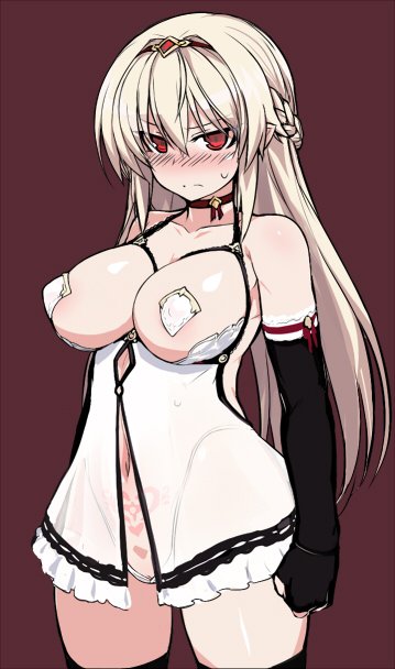 1girl angry babydoll bare_shoulders blonde_hair blush braid breastless_clothes breasts circlet curvy female_focus fingerless_gloves french_braid gloves heart heart_tattoo highleg highleg_panties large_breasts lilia_(null) long_hair looking_at_viewer navel null_(nyanpyoun) original panties pasties pubic_tattoo red_eyes see-through_clothes solo standing sweatdrop tattoo thighhighs underwear wide_hips