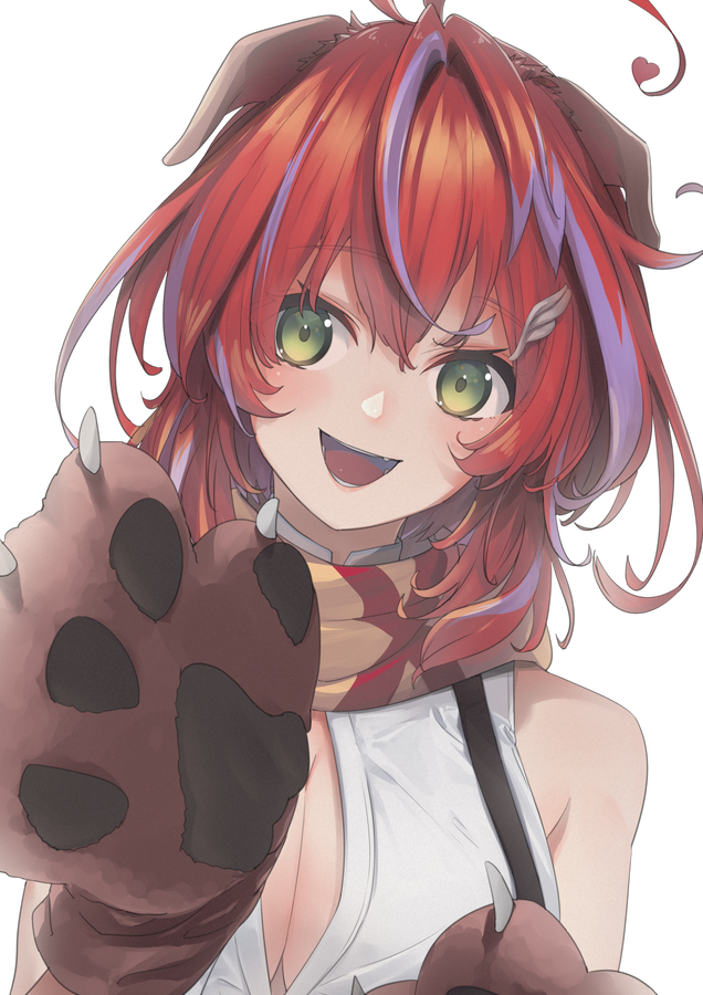 1girl akane_canna akane_canna_(1st_costume) animal_ears animal_hands atsushima blush breasts brown_scarf button_gap cleavage commentary_request dog_ears gloves green_eyes hair_ornament hiyoku_no_crosspiece large_breasts looking_at_viewer messy_hair multicolored_hair nanashi_inc. open_mouth paw_gloves purple_hair red_hair scarf shirt short_hair simple_background sleeveless sleeveless_shirt smile solo streaked_hair suspenders transparent_background two-tone_hair upper_body virtual_youtuber white_shirt wing_hair_ornament