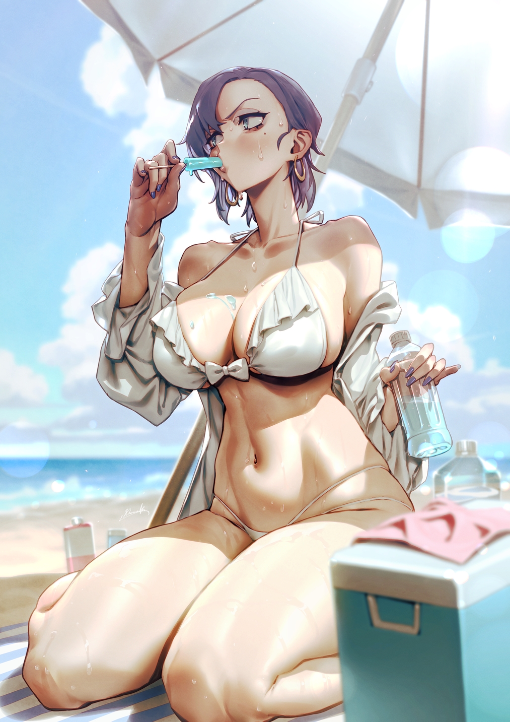 1girl beach beach_umbrella bikini bottle food food_in_mouth highres kionaoki mole mole_under_eye myria_loussier_(salverion) navel off_shoulder original popsicle popsicle_in_mouth purple_hair sitting solo sweat swimsuit umbrella wariza water_bottle white_bikini