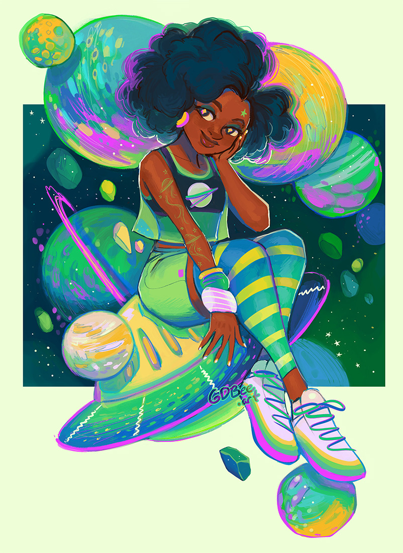+_+ 1girl adobe_fresco arm_tattoo artist_name asteroid black_hair blue_hair bracelet closed_mouth commentary crossed_ankles curly_hair dark-skinned_female dark_skin earrings english_commentary eyeshadow facial_mark full_body geneva_bowers green_background green_eyeshadow green_legwear green_shorts hand_on_own_face head_tilt jewelry leg_warmers lips looking_to_the_side makeup medium_hair nail_polish no_socks original outside_border planet see-through_clothes shirt shorts simple_background sitting sleeveless sleeveless_shirt smile solo star_(symbol) striped striped_legwear tattoo thighhighs ufo watermark white_footwear white_nails