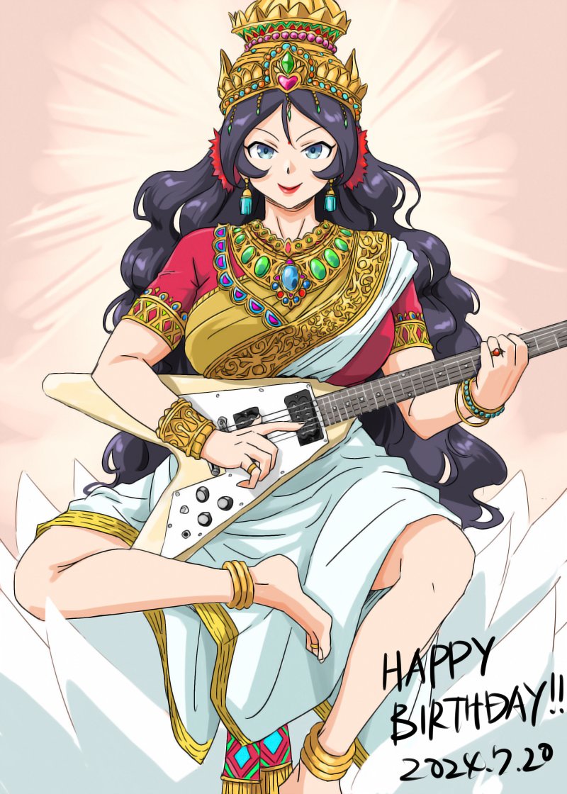 1girl anbj barefoot black_hair blue_eyes bracelet earrings electric_guitar feet flower gem gold guitar holding holding_guitar holding_instrument idolmaster idolmaster_cinderella_girls indian_clothes instrument jewelry long_hair looking_at_viewer lotus ring sari sitting smile solo straight-on sugisaka_umi toes very_long_hair