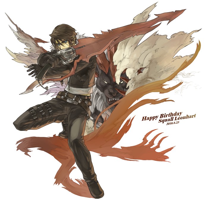 1boy arms_up belt black_belt black_footwear black_fur black_gloves black_jacket black_pants blank_eyes blue_eyes brown_belt brown_hair character_name commentary_request cropped_jacket crossed_arms dated dated_commentary fighting_stance final_fantasy final_fantasy_viii full_body fur-trimmed_jacket fur_trim gloves griever growling gunblade happy_birthday hinokami holding holding_weapon jacket knee_up lion long_sleeves male_focus midriff_peek multiple_belts open_clothes open_jacket pants serious shirt short_hair squall_leonhart studded_belt thigh_strap weapon white_fur white_shirt