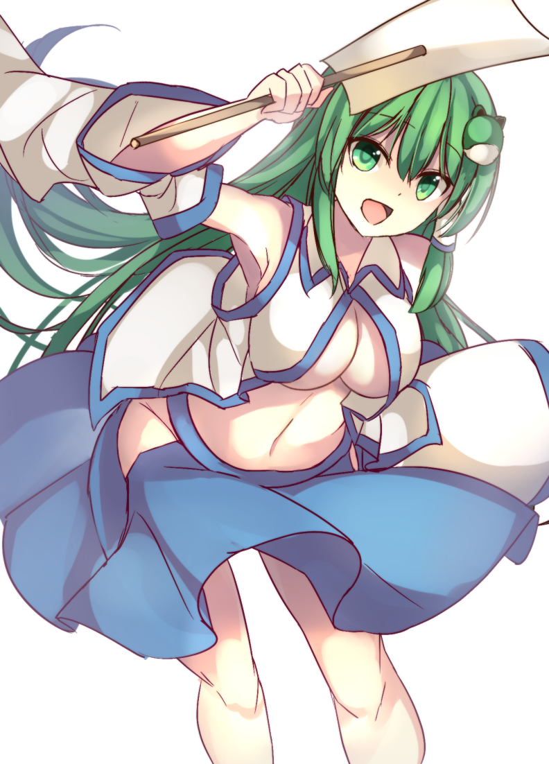 1girl :d arm_up armpits bare_shoulders blue_skirt breasts detached_sleeves female_focus frog_hair_ornament gohei green_eyes green_hair hair_ornament hair_tubes janne_cherry japanese_clothes kochiya_sanae large_breasts leaning_forward long_hair long_sleeves looking_at_viewer matching_hair/eyes miko navel no_bra no_panties oonusa open_mouth skirt smile solo touhou unbuttoned underboob white_background wide_sleeves