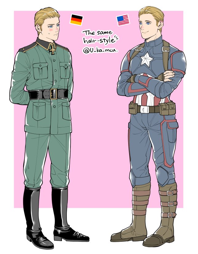 2boys american_flag arms_behind_back artist_name avengers:_endgame avengers_(series) axis_powers_hetalia belt black_belt black_footwear blonde_hair blue_bodysuit blue_eyes blush bodysuit boots border brown_belt brown_footwear brown_gloves buttons captain_america closed_mouth collared_jacket commentary_request cross crossed_arms crossover english_text fingerless_gloves fingernails full_body german_flag germany_(hetalia) gloves green_jacket green_pants hairstyle_connection iron_cross jacket long_sleeves look-alike looking_at_another male_focus marvel marvel_cinematic_universe military_jacket military_uniform multiple_boys outside_border pants pink_background pocket short_hair simple_background smile standing star_(symbol) steve_rogers superhero_costume sweatdrop u-ka_(fukei) white_border