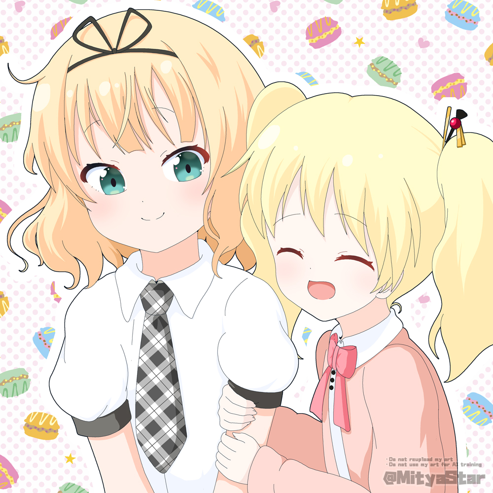 2girls ^_^ alice_cartelet blonde_hair blue_eyes closed_eyes closed_mouth collared_shirt commentary_request company_connection crossover english_text gochuumon_wa_usagi_desu_ka? jacket kin-iro_mosaic kirima_syaro manga_time_kirara mitya multiple_girls necktie outline pink_jacket plaid_clothes plaid_necktie polka_dot polka_dot_background puffy_short_sleeves puffy_sleeves school_uniform shirt short_sleeves split_mouth tedeza_rize&#039;s_school_uniform twintails twitter_username upper_body watermark white_background white_outline white_shirt