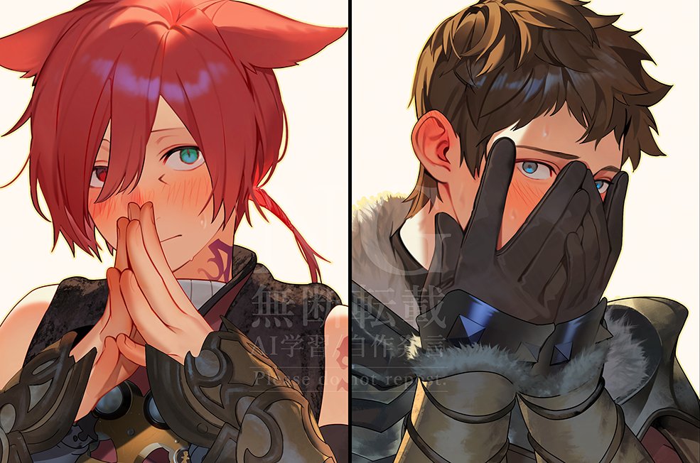 2boys archon_mark ardbert_hylfyst blue_eyes blush brown_gloves brown_hair covered_mouth covering_own_mouth facial_mark ffxivys final_fantasy final_fantasy_xiv fur_trim g&#039;raha_tia gloves hands_on_own_face hands_up heterochromia hyur looking_at_viewer male_focus miqo&#039;te multiple_boys neck_tattoo own_hands_together peeking_through_fingers portrait red_eyes red_hair short_hair shy slit_pupils sweatdrop tattoo watermark white_background
