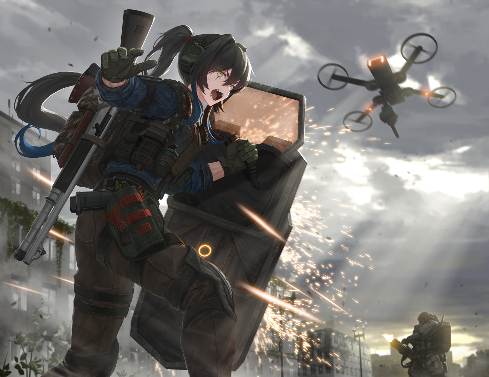 1boy 1girl armor ballistic_shield benelli_m4_super_90 black_hair brown_pants building commentary_request commission drone explosive gatling_gun gloves green_gloves grenade gun hair_between_eyes headset highres holding holding_shield holster holstered long_hair minigun open_mouth outdoors overcast pants pixiv_commission ponytail projectile_trail shield shotgun sky tactical_clothes thigh_holster tom-neko_(zamudo_akiyuki) tom_clancy's_the_division weapon yellow_eyes