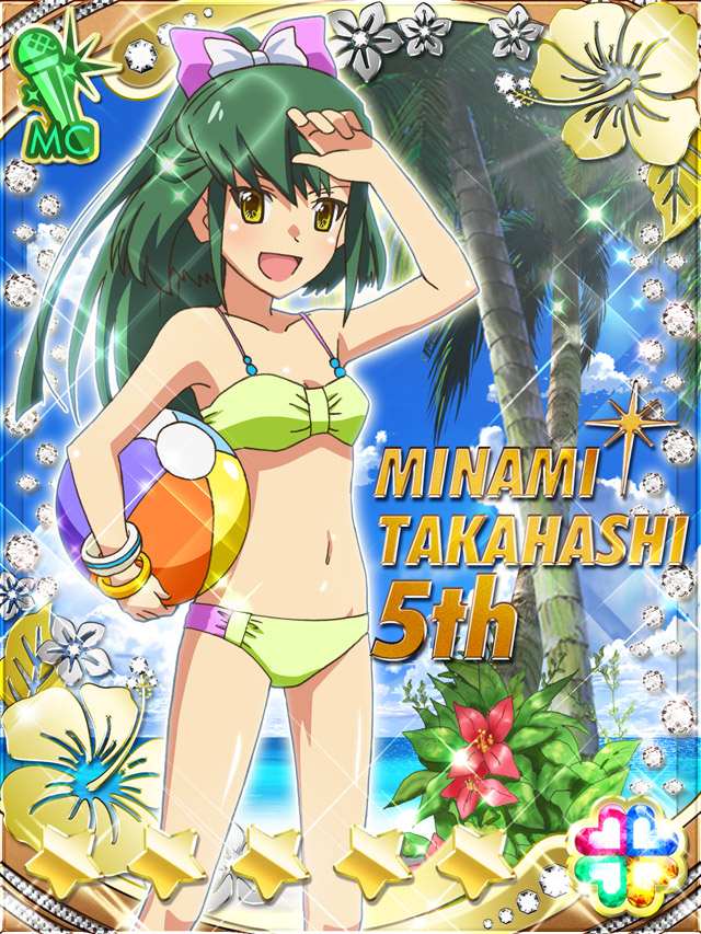 1girl :d akb0048 ball beach beachball bikini bow bracelet card_(medium) character_name cloud cloudy_sky feet_out_of_frame flower green_hair hair_bow heart holding holding_ball holding_beachball jewelry long_hair looking_at_viewer multicolored_bikini navel non-web_source ocean official_art open_mouth palm_tree purple_bow red_flower sky smile solo sparkle standing star_(symbol) swimsuit takahashi_minami_(akb0048) tree