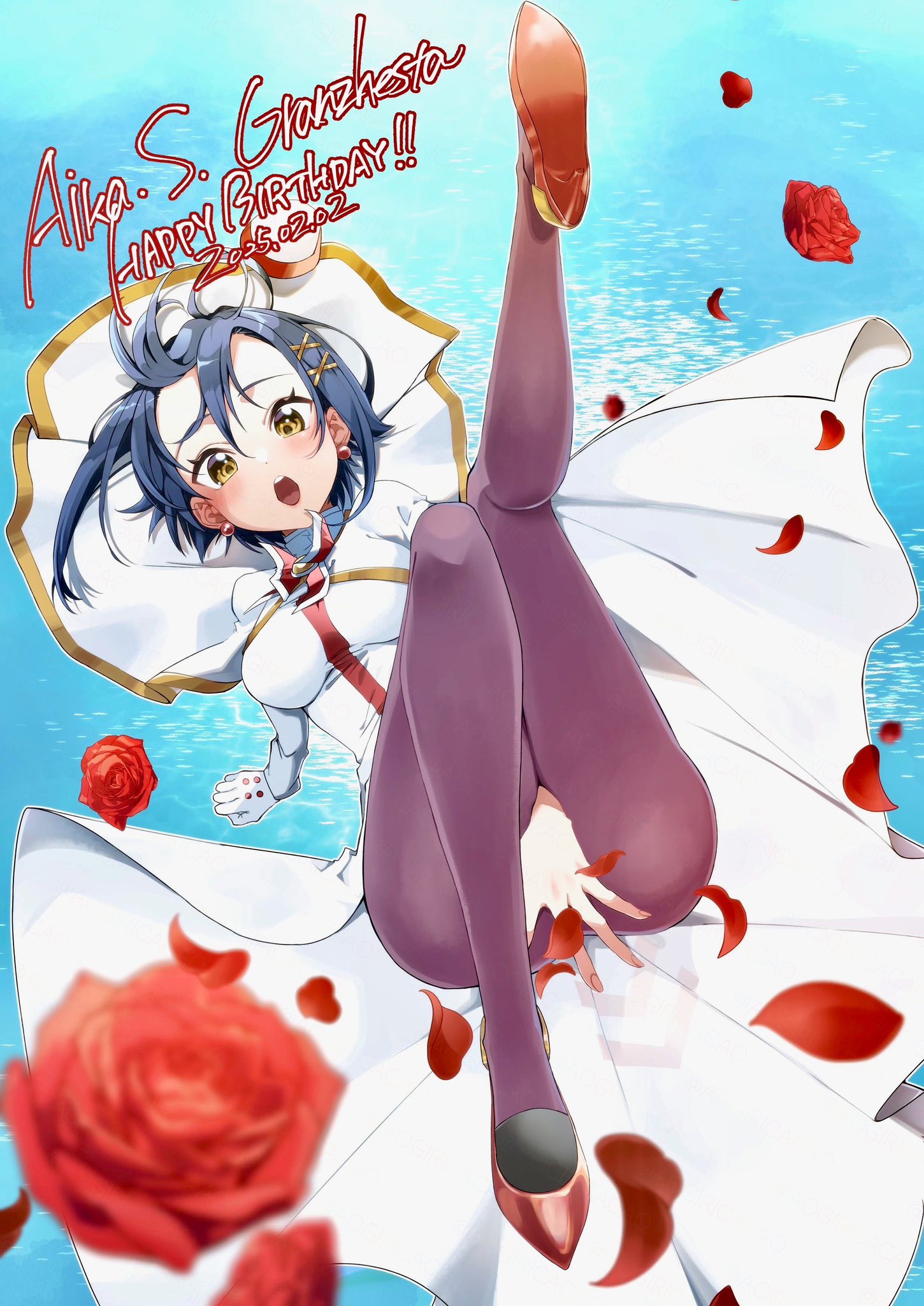 1girl aika_granzchesta aogirism aria_(manga) blue_background blue_hair blurry blurry_foreground blush bow bowtie breasts character_name covering_crotch covering_privates dated day dress embarrassed falling_petals flower full_body gloves hair_between_eyes hair_ornament happy_birthday high_heels highres himeya_company_uniform impossible_clothes impossible_dress knees_together_feet_apart legs long_dress long_sleeves looking_at_viewer medium_breasts midair ocean open_mouth outdoors pantyhose petals pumps purple_pantyhose red_bow red_bowtie red_flower red_rose red_shoes rose shoes short_hair single_glove solo stiletto_heels white_dress white_gloves x_hair_ornament yellow_eyes