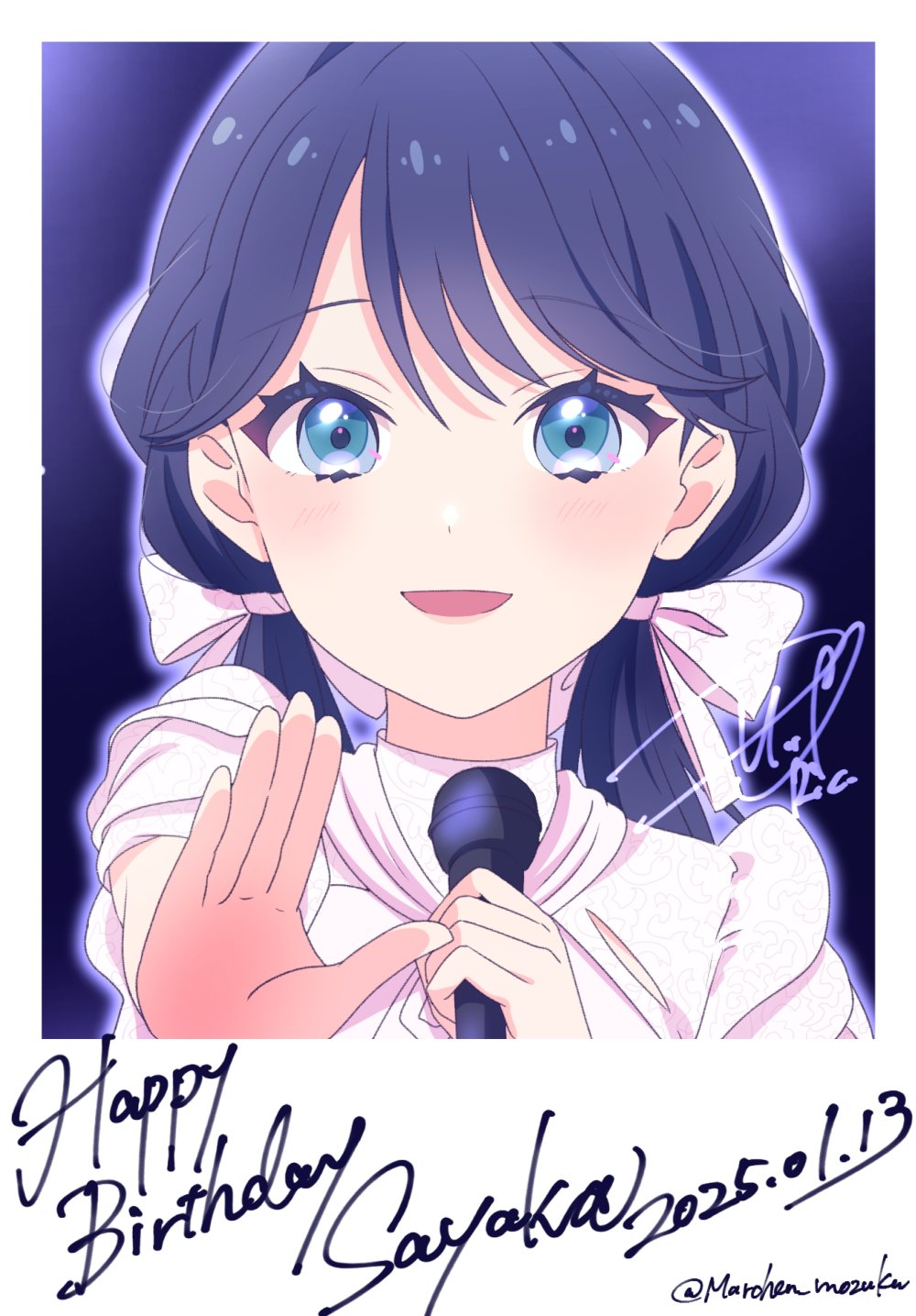 1girl :d blue_eyes blue_hair blush bow character_name dated dress fake_photograph hair_bow happy_birthday highres holding holding_microphone link!_like!_love_live! link_to_the_future_(love_live!) long_hair looking_at_viewer love_live! low_twintails microphone murano_sayaka official_alternate_costume open_mouth ric._(marchen_mozuku) signature smile solo straight-on twintails twitter_username upper_body virtual_youtuber white_bow white_dress
