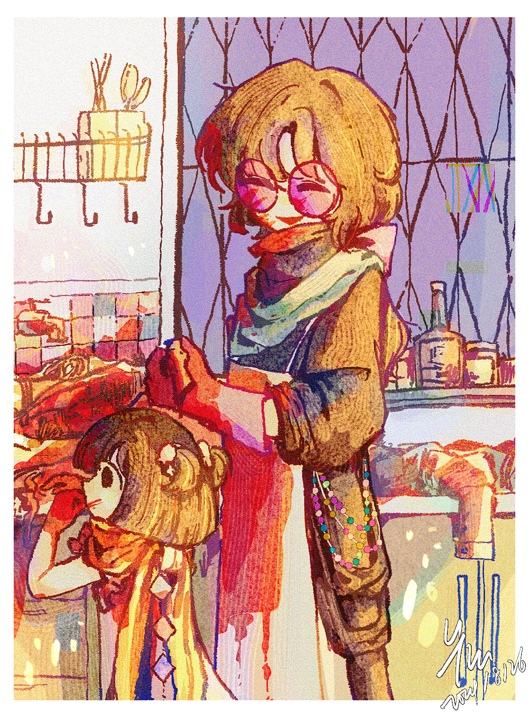 1boy 1girl apron blood blood_on_clothes blood_on_face blood_on_hands border brown_hair chinese_commentary closed_eyes commentary_request gloves highres huai_huizhi huai_yunqing long_hair long_sleeves medium_hair open_mouth pink-tinted_eyewear round_eyewear scarf short_twintails signature smile tinted_eyewear touqi_guaitan twintails white_apron white_border white_gloves white_scarf ygclmss