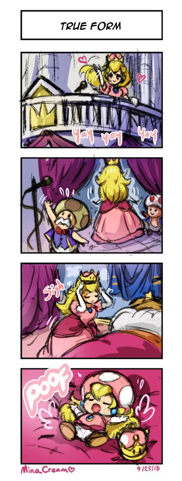 1girl 2boys 4koma bad_id bad_twitter_id balcony bed comic dated dress elbow_gloves gloves long_hair lying mario_(series) microphone microphone_stand mina_cream multiple_boys new_super_mario_bros._u_deluxe nintendo on_back on_bed pink_dress princess_peach removing_headwear signature silent_comic smile super_crown toad_(mario) toadsworth transformation waving white_gloves