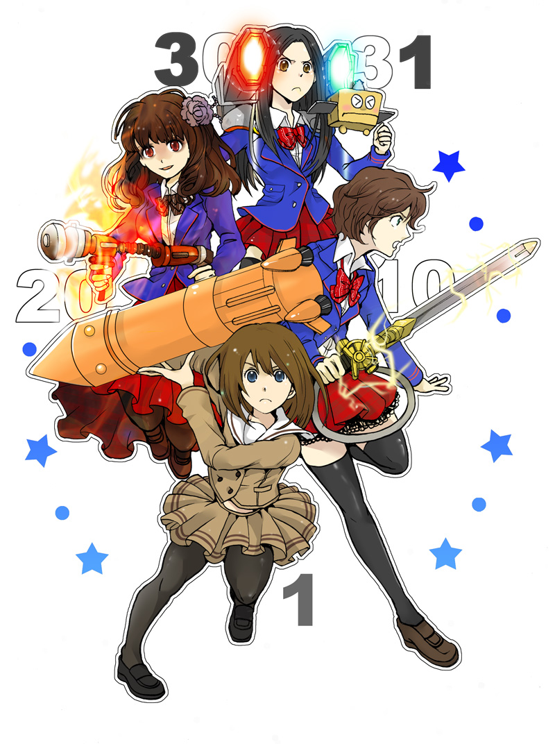 4girls black_legwear blue_eyes bow brown_eyes brown_hair cannon gun hayabusa-kun joujima_yuuki kamen_rider kamen_rider_fourze_(series) kazashiro_miu long_hair misaki_nadeshiko multiple_girls nadeshiko_misaki nozama_tomoko pantyhose red_eyes rocket school_uniform short_hair skirt star_(symbol) sword thighhighs tihori-t weapon