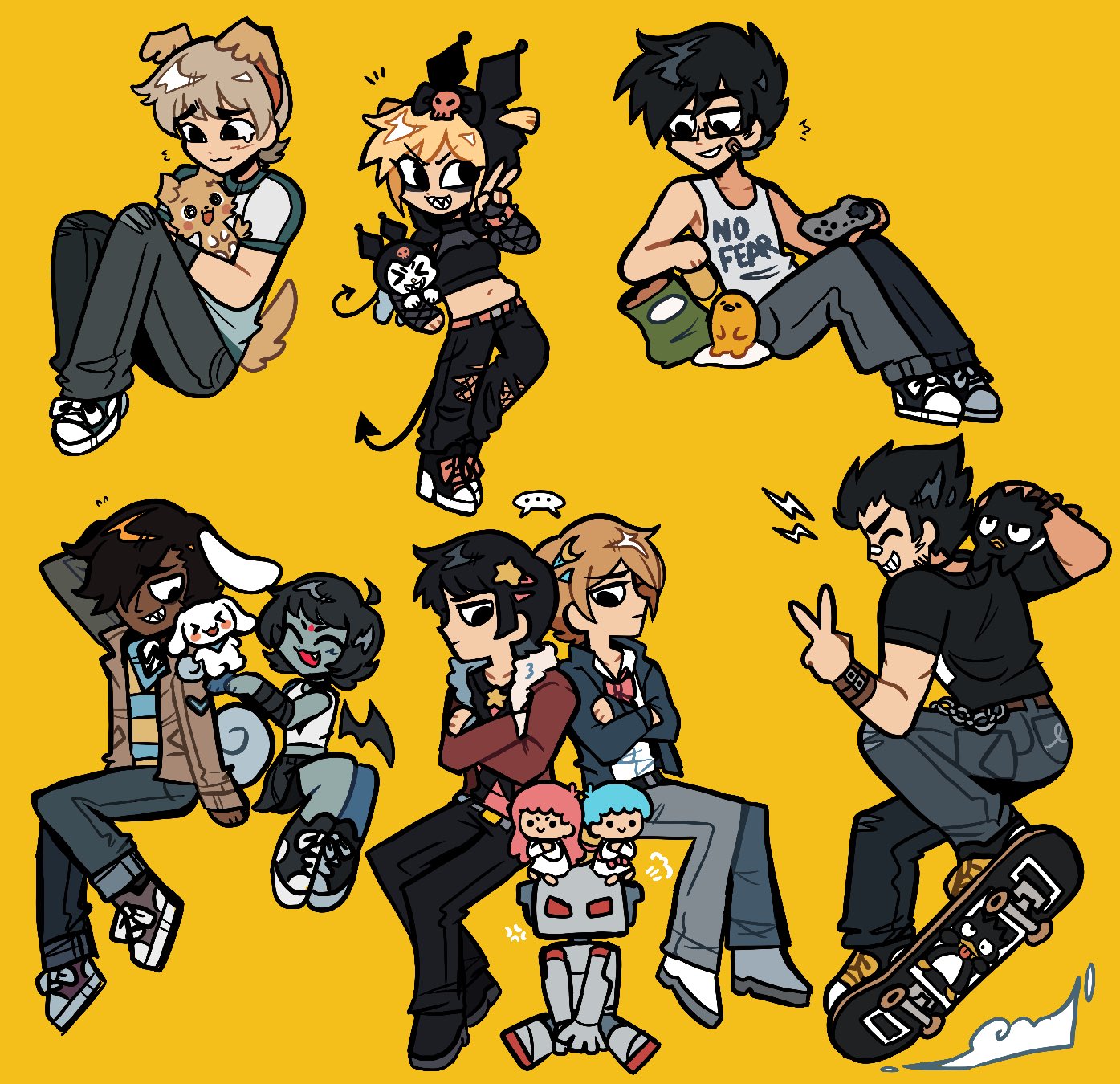 4girls 6+boys ahoge animal animal_ears badtz-maru black_eyes blonde_hair brothers chibi chibimaru chibimaru_(cosplay) cinnamoroll cinnamoroll_(cosplay) commentary cosplay crossover dark-skinned_male dark_skin demon_girl demon_hipster_chicks dinosaurs_png dog dog_ears dog_tail english_commentary fake_animal_ears fuwa_fuwa_cinnamoroll gideon_graves gudetama hair_over_one_eye highres holding holding_animal ken_katayanagi kiki_(little_twin_stars) kuromi kuromi_(cosplay) kyle_katayanagi lala_(little_twin_stars) league_of_evil_exes little_twin_stars lucas_lee matthew_patel midriff multiple_boys multiple_girls navel non-humanoid_robot onegai_my_melody robot robot-01 roxie_richter sanrio scott_pilgrim_(series) scott_pilgrim_takes_off short_twintails siblings simple_background sitting skateboarding speech_bubble tail todd_ingram twins twintails yellow_background