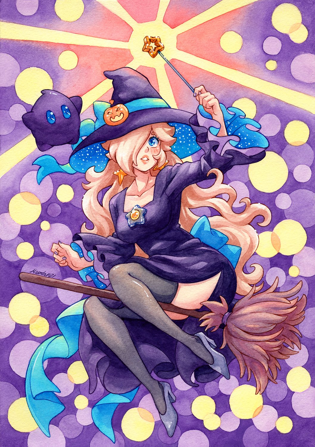 1girl alternate_costume black_dress blonde_hair blue_eyes broom broom_riding collarbone dress earrings frilled_sleeves frills hair_over_one_eye halloween_costume hat high_heels highres holding holding_wand jewelry lips long_hair luma_(mario) mario_(series) mario_kart mario_kart_tour mystar21 nintendo parted_lips polari_(super_mario_galaxy) ribbon rosalina rosalina_(halloween) shine solo star_(symbol) star_earrings teeth thighhighs very_long_hair wand witch witch_hat