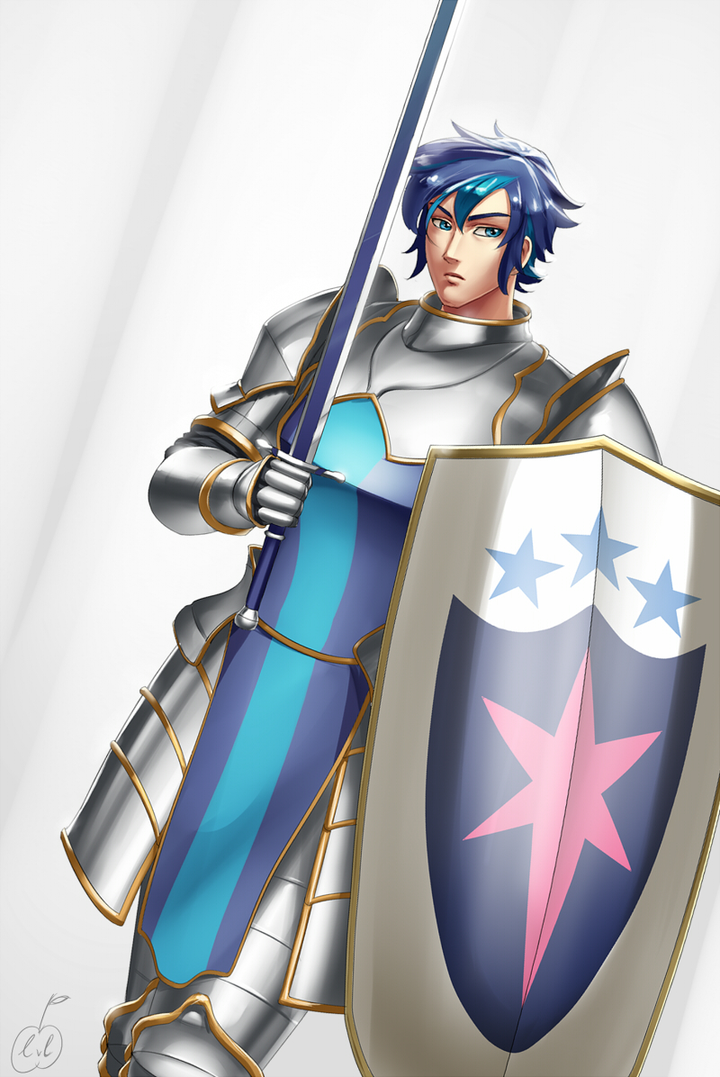 1boy armor blue_eyes blue_hair dutch_angle knight lvl_(sentrythe2310) male_focus matching_hair/eyes my_little_pony my_little_pony:_friendship_is_magic personification shield shining_armor short_hair solo sword weapon
