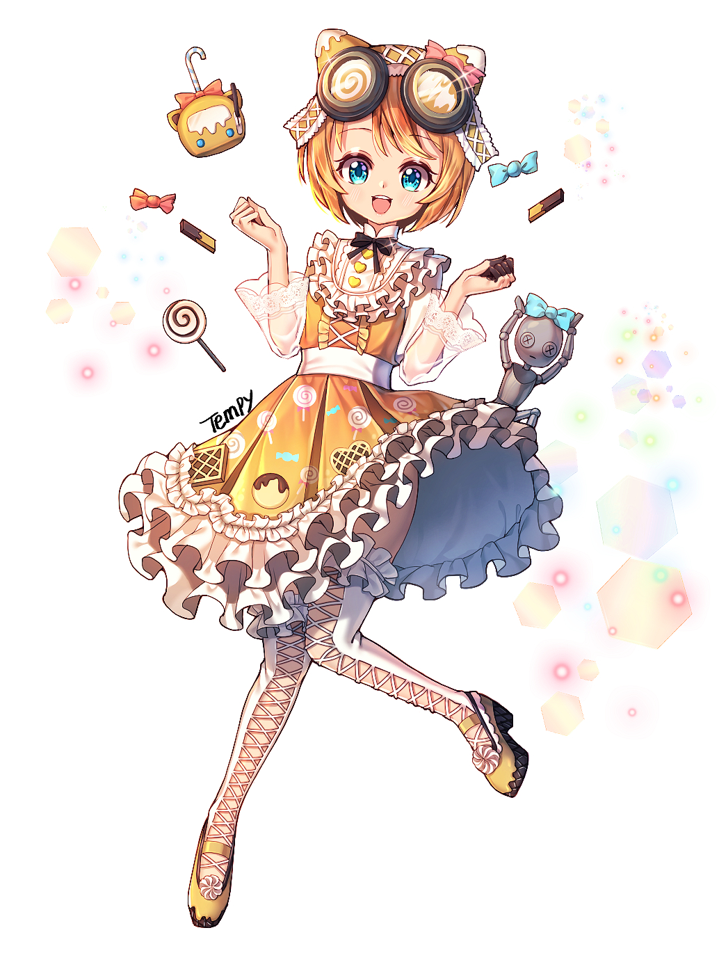 1girl :d artist_name blonde_hair blue_eyes boots brown_dress candy candy_wrapper commentary_request dress food frilled_dress frills full_body goggles goggles_on_head hands_up high_heel_boots high_heels highres identity_v lollipop long_sleeves looking_at_viewer official_alternate_costume open_mouth pleated_dress puffy_sleeves see-through_clothes see-through_sleeves short_hair signature smile solo swirl_lollipop tempy_(rinsia) thigh_boots thighhighs tracy_reznik tracy_reznik_(candy_girl) white_background white_boots white_thighhighs wide_sleeves