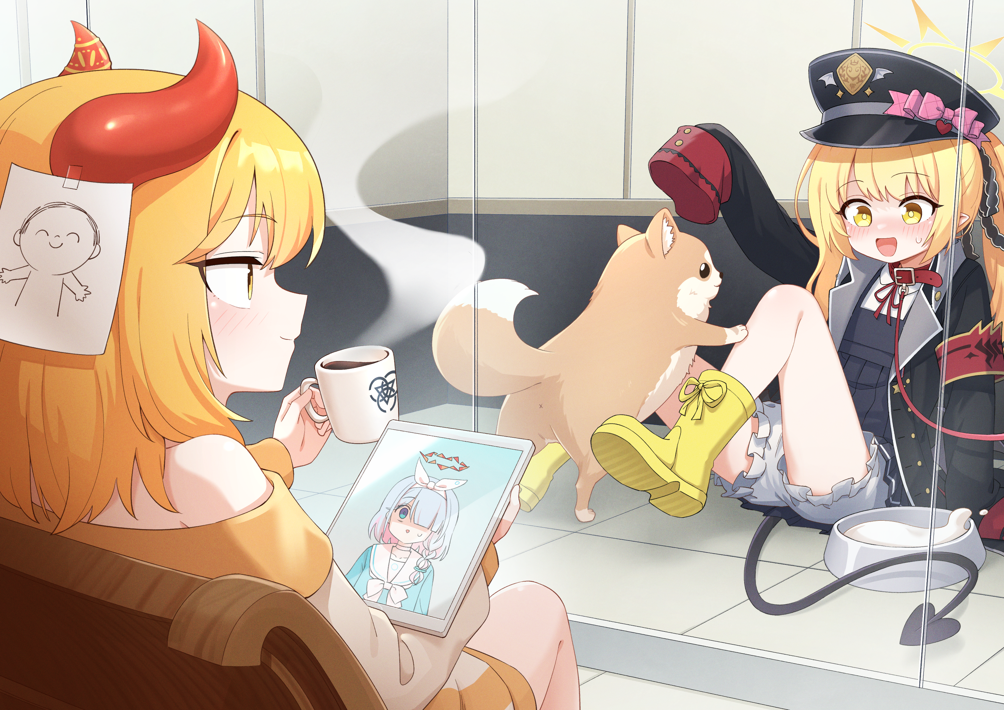3girls absurdres animal arona_(blue_archive) black_coat black_dress black_headwear black_tail blonde_hair blue_archive blush boots buruma closed_mouth coat collared_shirt cup demon_tail dog doodle_sensei_(blue_archive) dress female_sensei_(blue_archive) golmonggu hat highres holding holding_cup horns ibuki_(blue_archive) long_hair multiple_girls off_shoulder open_clothes open_coat open_mouth peaked_cap pointy_ears red_horns sensei_(blue_archive) shirt side_ponytail smile tablet_pc tail white_buruma white_shirt yellow_boots yellow_eyes
