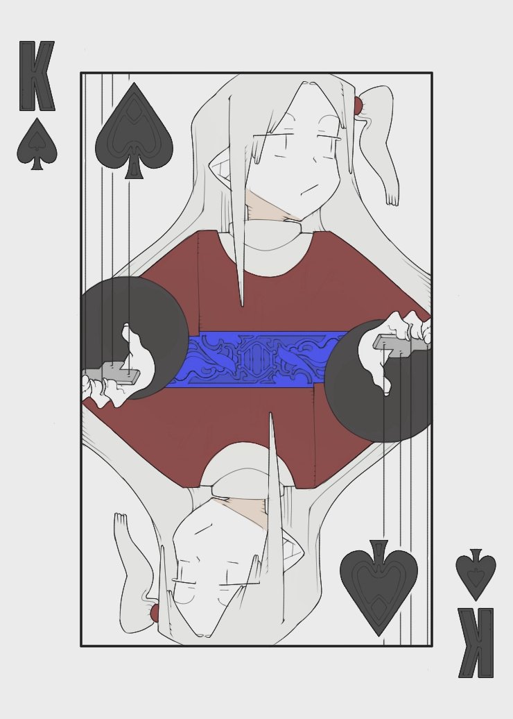 1girl blue_bow bolos bow capelet card dress grey_hair hair_bobbles hair_ornament king_(playing_card) king_of_spades long_sleeves marionette playing_card pointy_ears puppet puppet_strings red_capelet red_dress shinki_(touhou) side_ponytail spade_(shape) sweater touhou touhou_(pc-98) turtleneck white_sweater