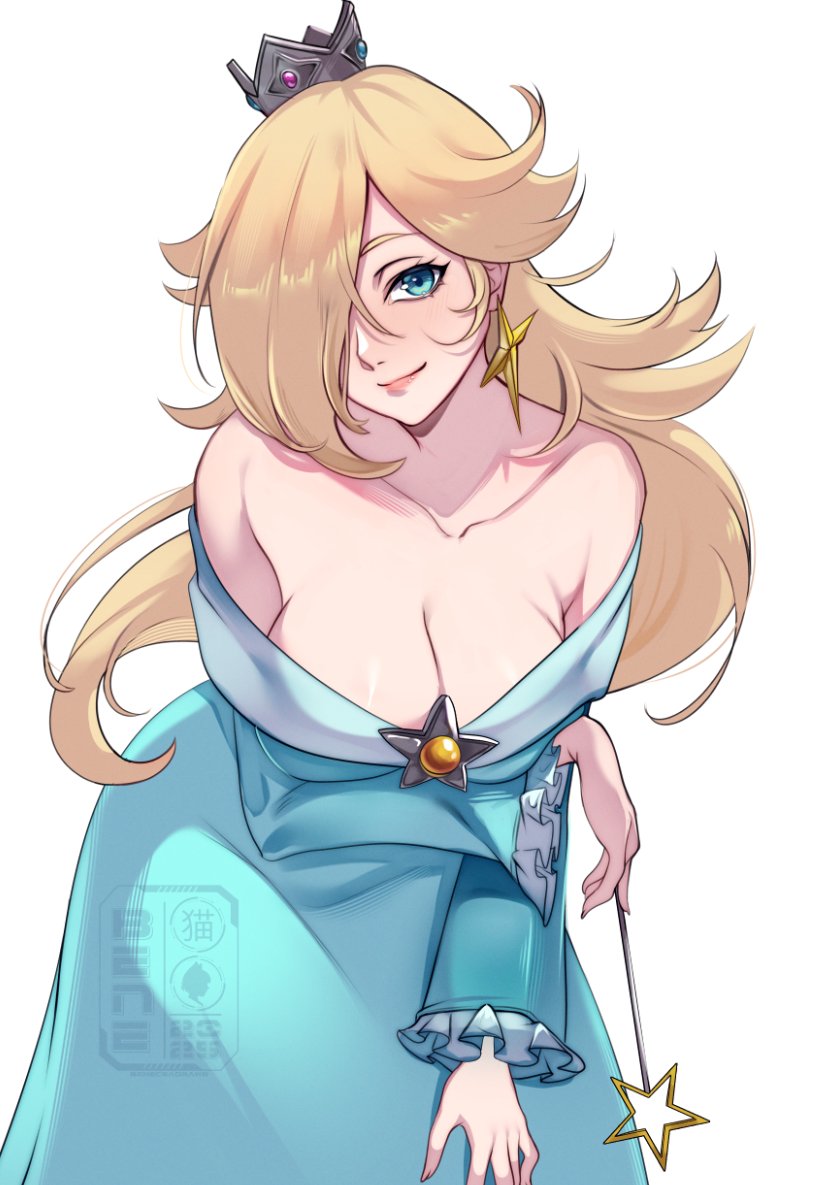 1girl alternate_breast_size_(larger) bare_shoulders beneceadraws blonde_hair blue_dress blue_eyes blush breasts brooch cleavage closed_mouth collarbone crown dress earrings grey_crown hair_over_one_eye holding holding_wand jewelry large_breasts long_hair long_sleeves looking_at_viewer mario_(series) nintendo off-shoulder_dress off_shoulder rosalina silver_crown simple_background smile solo star_(symbol) star_brooch star_earrings star_wand wand
