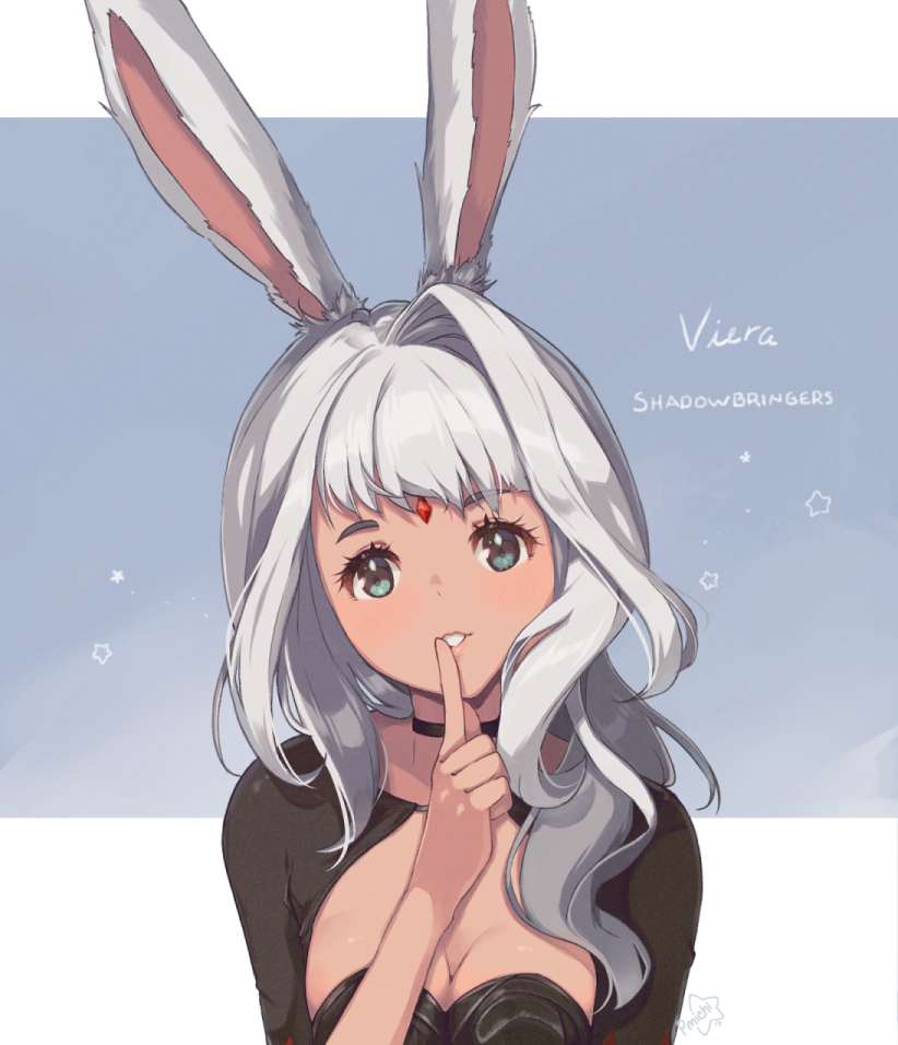 1girl animal_ears asagawa_mikan_(peachy_michi) blue_eyes breasts choker cleavage_cutout clothing_cutout dark-skinned_female dark_skin female_focus final_fantasy final_fantasy_xiv finger_to_mouth forehead_jewel long_hair medium_breasts rabbit_ears signature silver_hair simple_background solo two-tone_background viera warrior_of_light_(ff14)