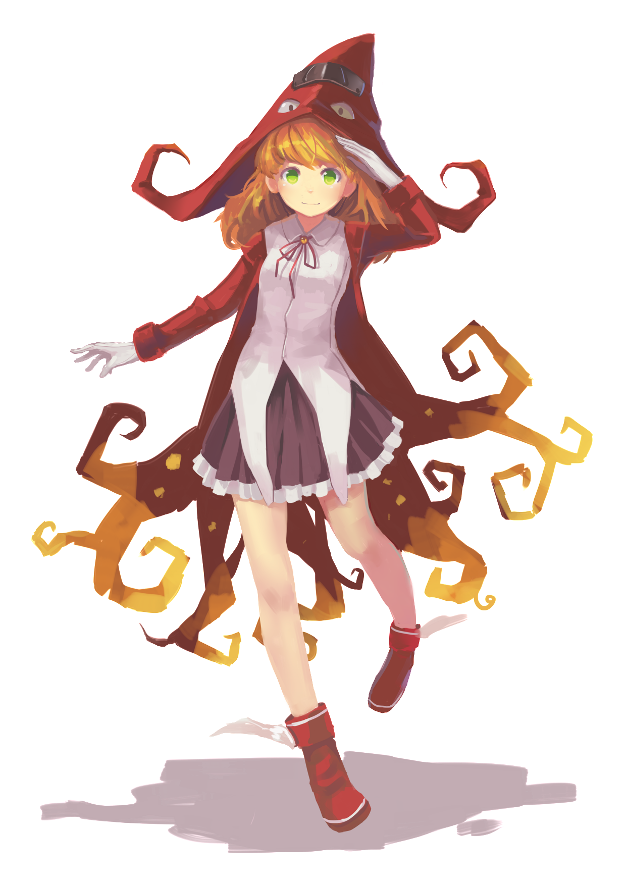 1girl animal_hood black_skirt blonde_hair blouse coat female_focus full_body gloves green_eyes hat highres hood living_clothes long_coat long_hair long_sleeves looking_at_viewer neck_ribbon original outstretched_arm pleated_skirt red_coat red_footwear ribbon running salute shirt skirt solo squid_costume squid_hat uusquid white_background white_gloves white_shirt witch