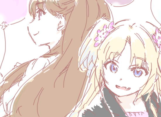 2girls :d balloon black_jacket blonde_hair blue_hair brown_hair commentary fang flower fujishima_megumi fujishima_megumi_(summer_casual) hair_flower hair_ornament jacket kt_(kima) link!_like!_love_live! long_hair looking_at_viewer love_live! mira-cra_park! multiple_girls open_clothes open_jacket open_mouth osawa_rurino osawa_rurino_(summer_casual) parted_bangs pink_flower pink_shirt shirt sideways_mouth simple_background skin_fang smile twintails two_side_up virtual_youtuber white_background white_shirt