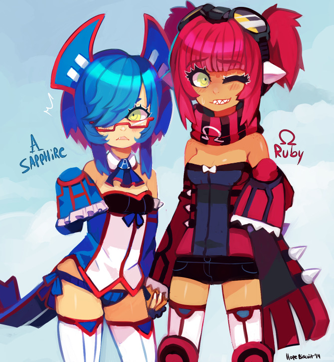 2girls alpha_symbol blue_hair blue_panties blue_shirt blush bow breasts detached_collar detached_sleeves embarrassed frilled_sleeves frills gen_3_pokemon glasses goggles greek_letters groudon hair_over_eyes holding_hands hopebiscuit humanization kyogre legendary_pokemon long_sleeves medium_breasts multiple_girls nintendo omega_symbol one_eye_closed open_mouth panties personification pokemon red-framed_eyewear red_hair red_scarf red_shirt scarf sharp_teeth shirt short_hair short_shorts shorts simple_background small_breasts smile spikes sweat tan teeth thighhighs twintails underwear white_nails white_thighhighs yellow_eyes