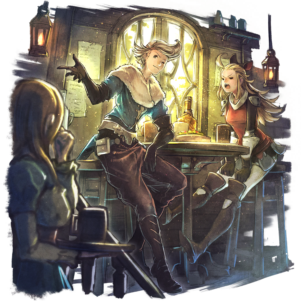1boy 2girls angry blonde_hair bravely_default:_flying_fairy bravely_default_(series) crossover edea_lee multiple_girls octopath_traveler octopath_traveler:_champions_of_the_continent official_art one_eye_closed ringabel wink