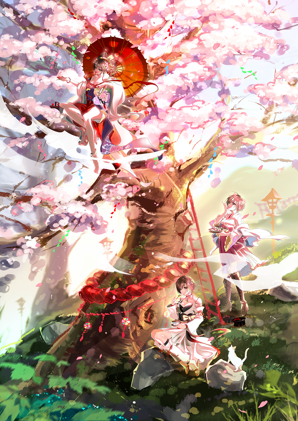 ahoge alcohol animal autumn_leaves bare_shoulders boots branch breasts brown_eyes brown_footwear brown_hair caracoro cat cherry_blossoms cleavage dress eating flower food grass hair_ornament highres japanese_clothes knee_boots lace-up_boots ladder lamppost large_breasts leaf makeup maple_leaf meiko_(momiji)_(vocaloid) meiko_(rei_no_sakura_benitsubaki)_(vocaloid) meiko_(vocaloid) multiple_girls oil-paper_umbrella outdoors patterned_clothing petals project_diva_(series) sake short_hair sitting sky stone tree tsugai_kogarashi_(vocaloid) umbrella vocaloid wreath